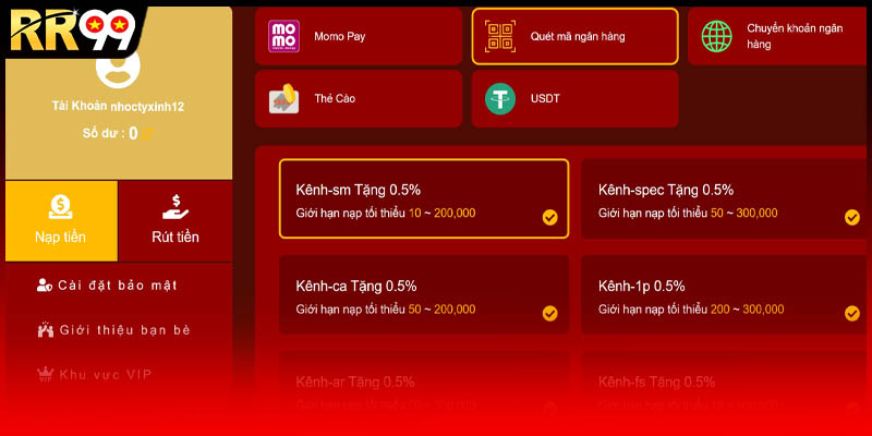 Trải nghiệm quy trình nạp tiền Rr99 nhanh chóng